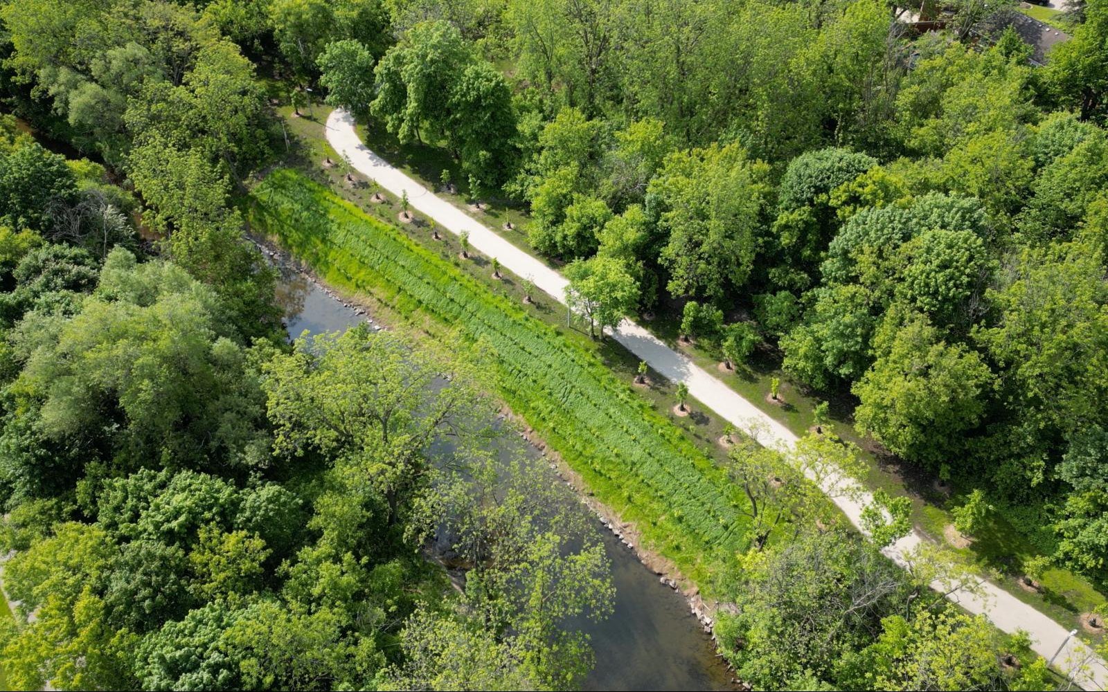 Aerial view of completed slope stabilization and new trail at Centennial Park