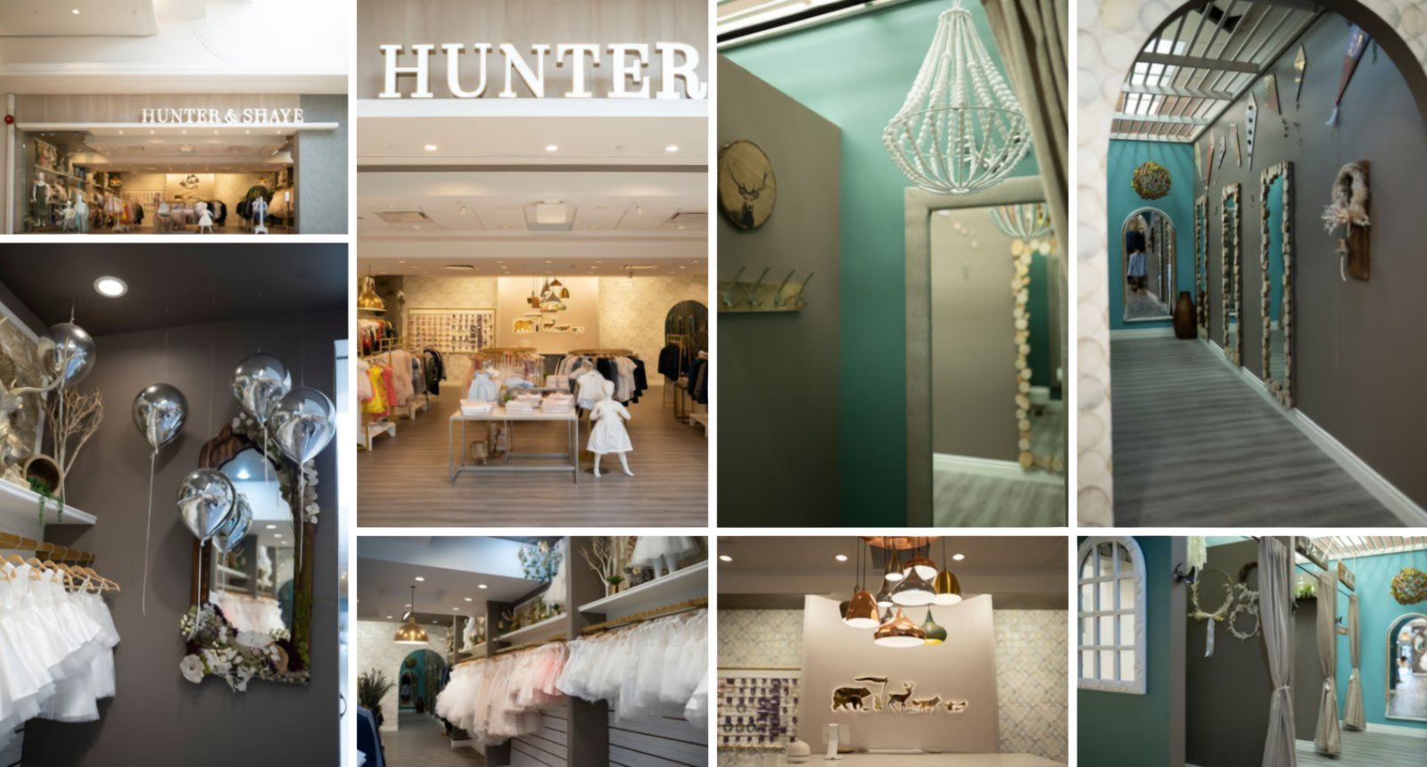 Collage of the Hunter & Shaye stores — storefront, fitting rooms, dress displays and feature lighting