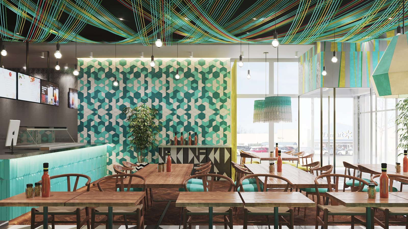 Scotty Bons Caribbean Grill dining room with teal geometric tile wall and woven ceiling installation